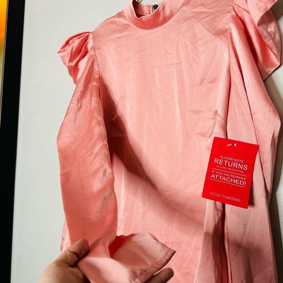NWT LITTLE MISTRESS Women's Pink Satin Ruffle Long Sleeve Zip Back Top Size US 8 - Picture 9 of 9